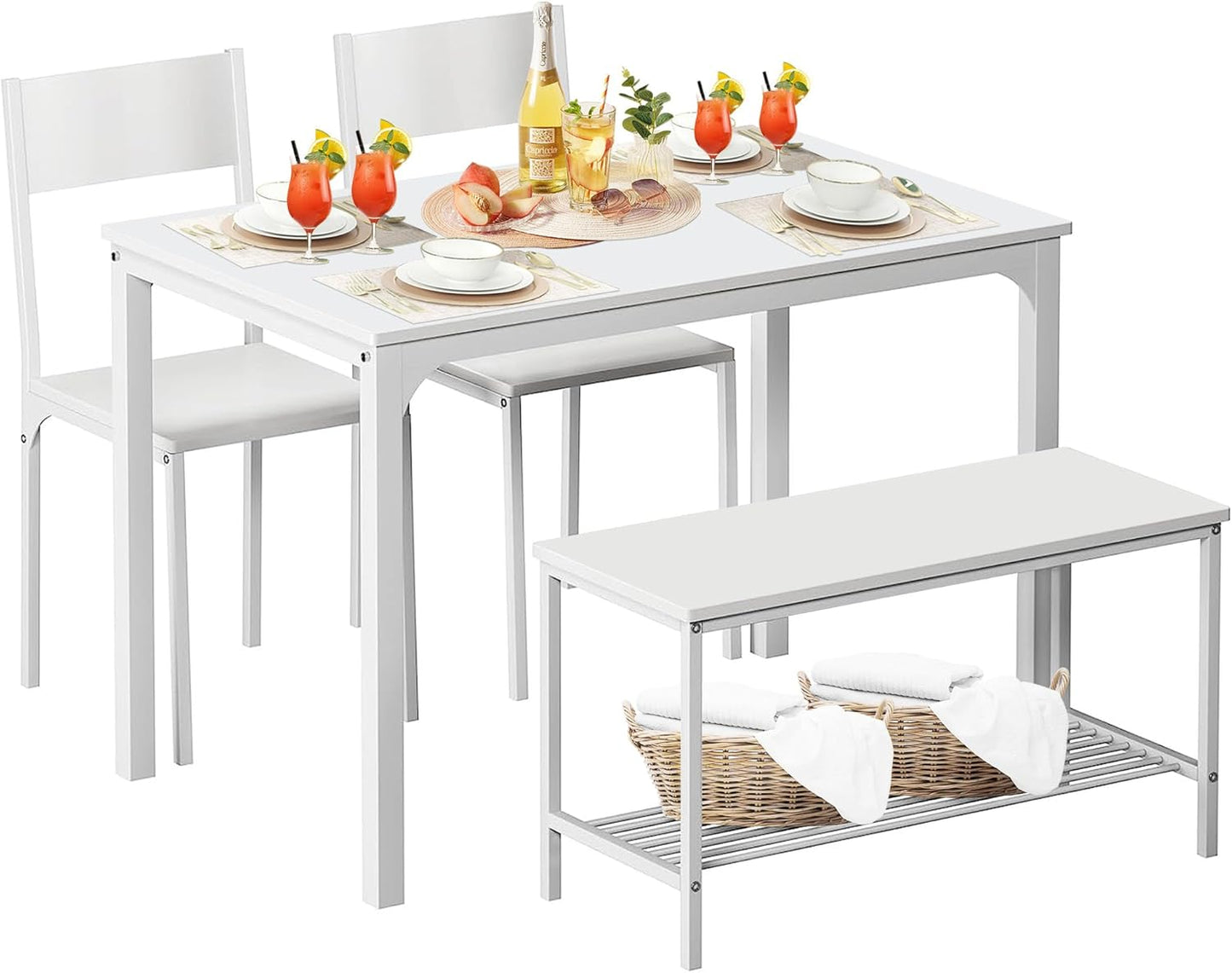 Dining Table and Chairs Dining Table Set with 2 Chairs and 1 Bench Bar Set Kitchen Table and Chairs for Dining Room Bistro Set,Pure White