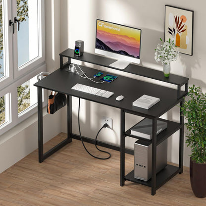 47 inch Computer Desk with Power Outlets, Small Home Office Desk with Ergonomic Monitor Stand, Reversible Gaming Desk, Modern Study Desk, Laptop Desk, White