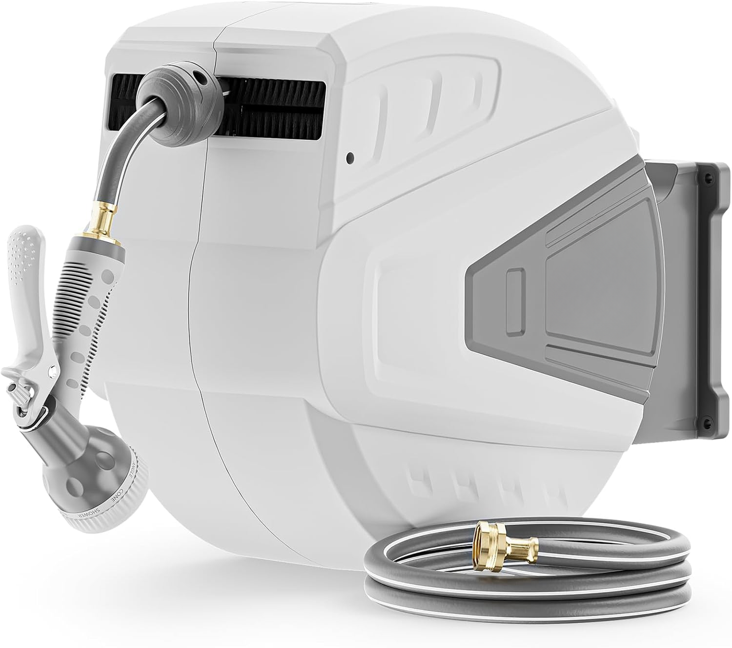 Retractable Garden Hose Reel,1/2 in x 100 ft Wall Mounted Hose Reel, with 9- Function Sprayer Nozzle, Any Length Lock/Slow Return System/Wall Mounted/180°Swivel Bracket (Grey)