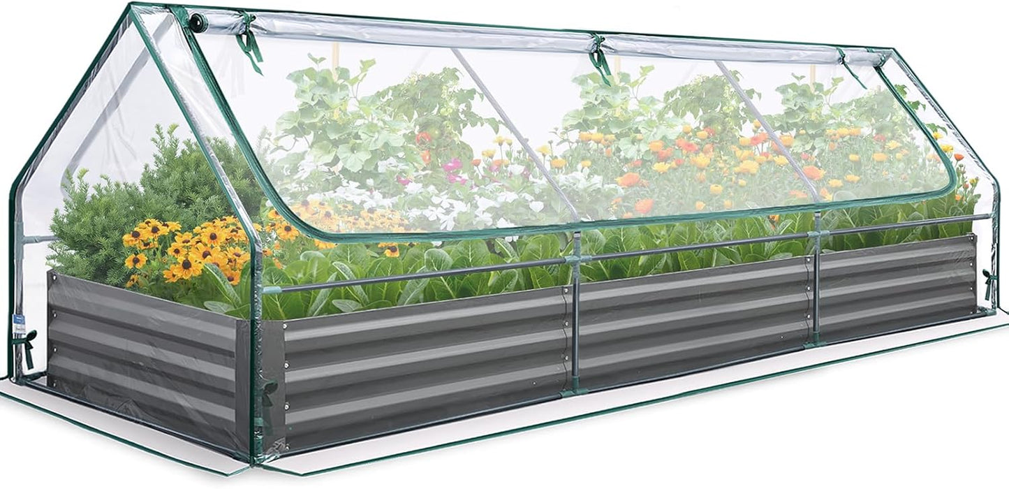 Raised Garden Bed Galvanized Raised Beds for Gardening Vegetables with Cover 8x4x1 ft Metal Planter Box Outdoor Use (Clear)