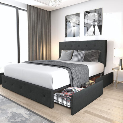 Upholstered Queen Size Platform Bed Frame with 4 Storage Drawers and Headboard, Square Stitched Button Tufted, Mattress Foundation with Wooden Slats Support, No Box Spring Needed, Light Grey