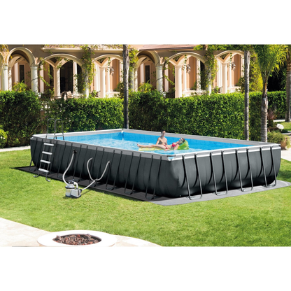 A 32-foot by 16-foot by 52-inch rectangular super-large swimming pool equipped with a water pump