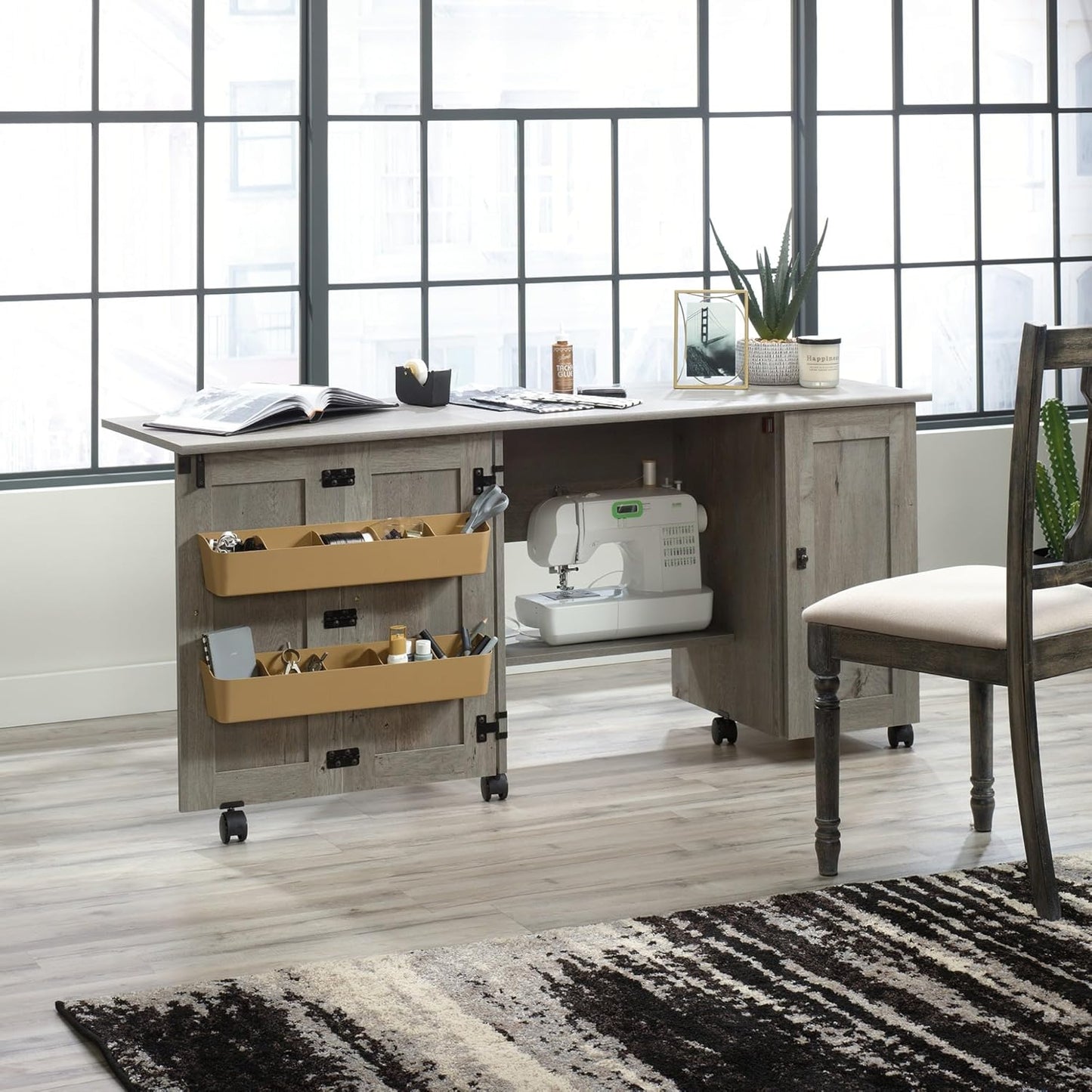 Craft Cart Storage Cabinet, Rolling Sewing Table with Expandable Top, Mystic Oak