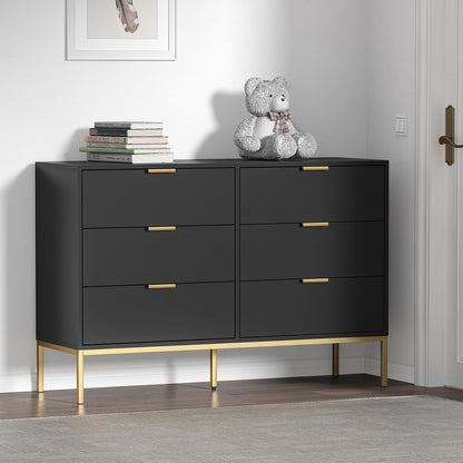 Black Dresser for Bedroom, Modern 6 Drawer Dresser, Chest of Drawers Closet Organizers and Wood Storage Clothes, White Dresser with Golden Handles for Living Room, Hallway