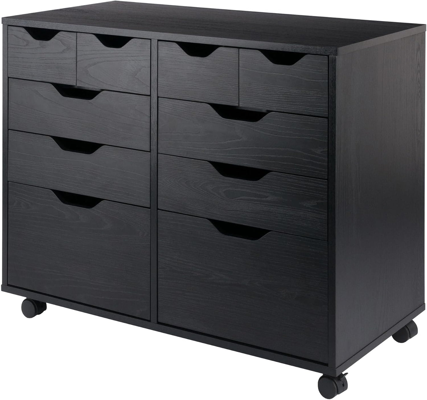 Portable storage cabinet, single-door design, 3 drawers, 2 wide drawers, suitable for home office, black version