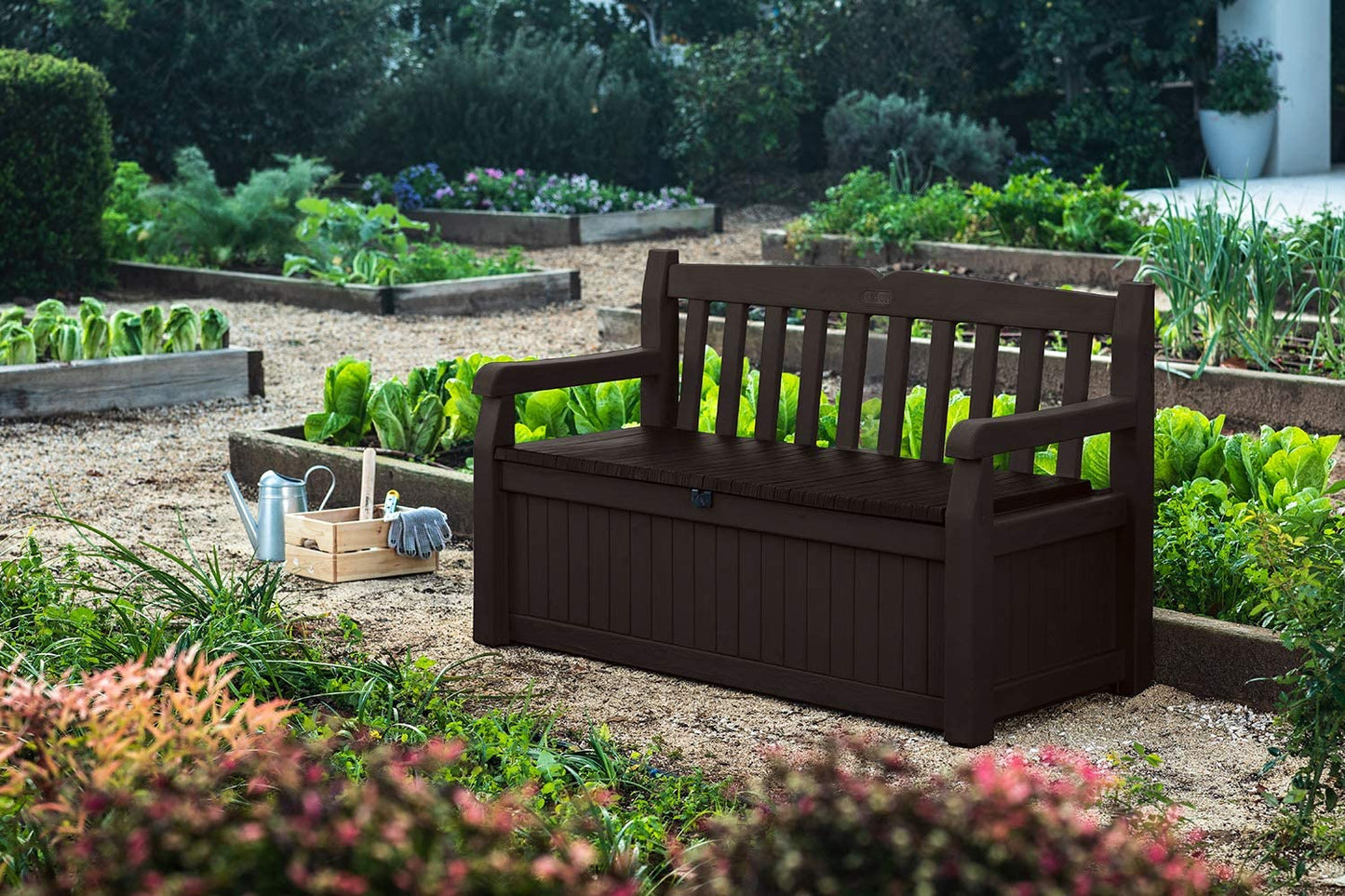 70 Gallon Storage Bench Deck Box for Patio Furniture, Front Porch Decor and Outdoor Seating �� Perfect to Store Garden Tools and Pool Toys, Brown