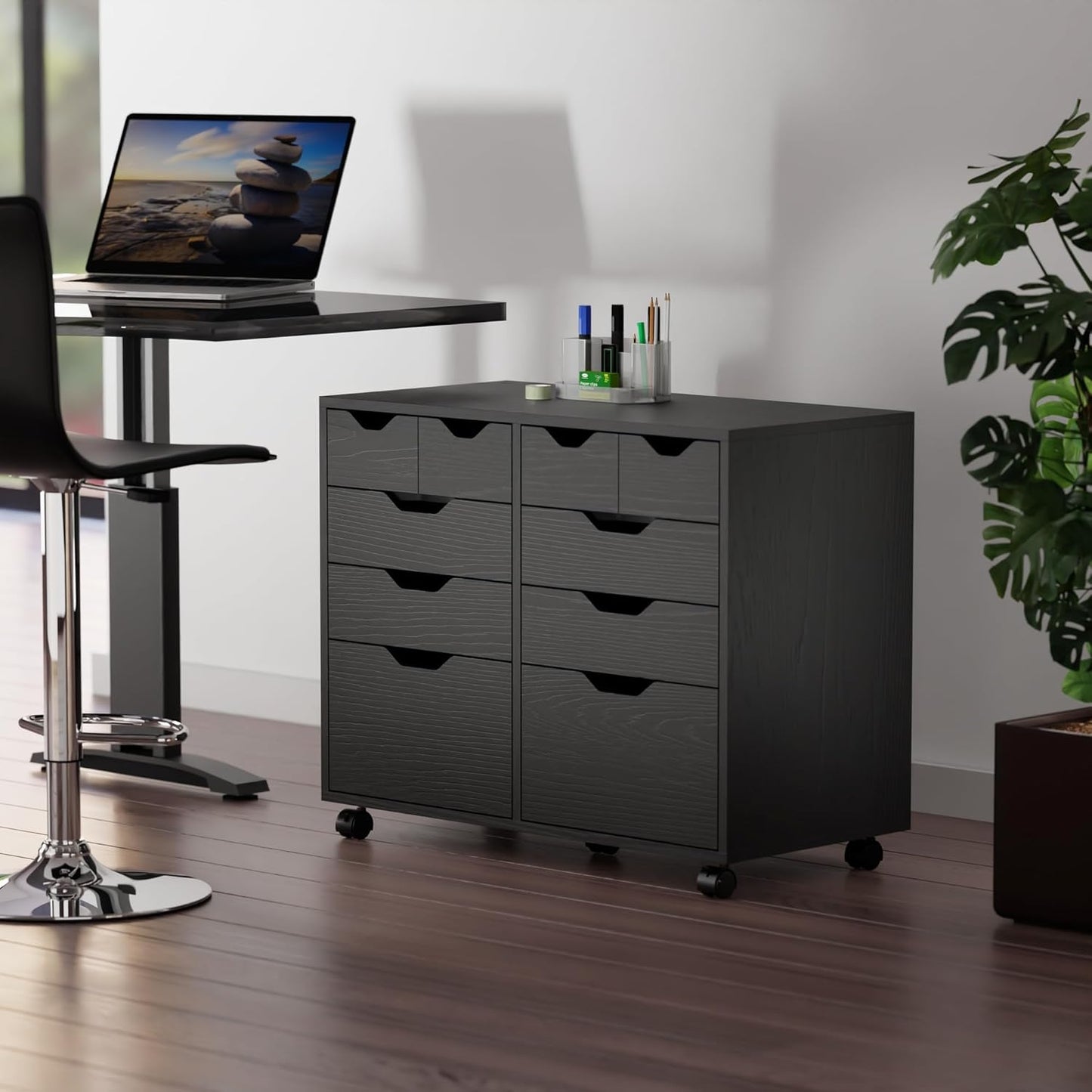 Portable storage cabinet, single-door design, 3 drawers, 2 wide drawers, suitable for home office, black version