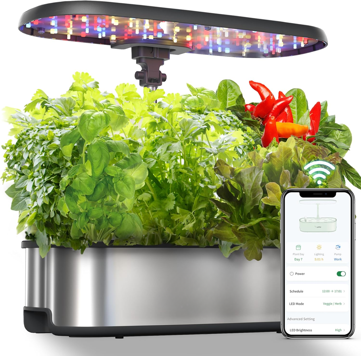Hydroponic cultivation system, an intelligent herb garden kit with 12 planting chambers, suitable for indoor cultivation, can be controlled via an application and wireless network, equipped with 24-watt growth LED lights, 5.5-liter water tanks, pump