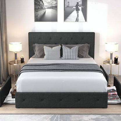 Upholstered Queen Size Platform Bed Frame with 4 Storage Drawers and Headboard, Square Stitched Button Tufted, Mattress Foundation with Wooden Slats Support, No Box Spring Needed, Light Grey